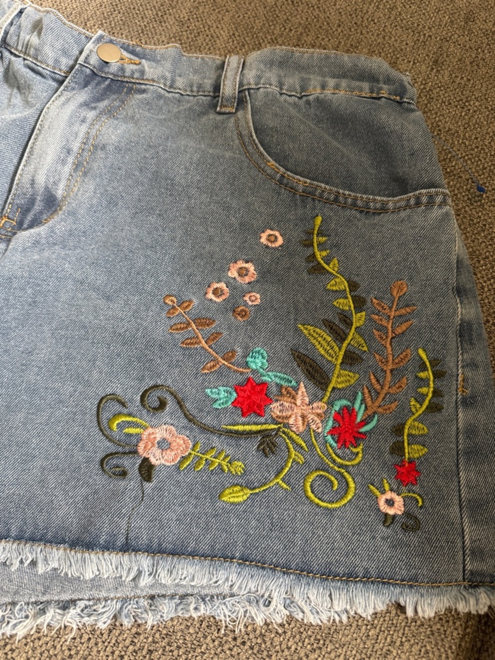 Embroidered Denim Women’s Shorts - Light Blue - Picture 2 of 5